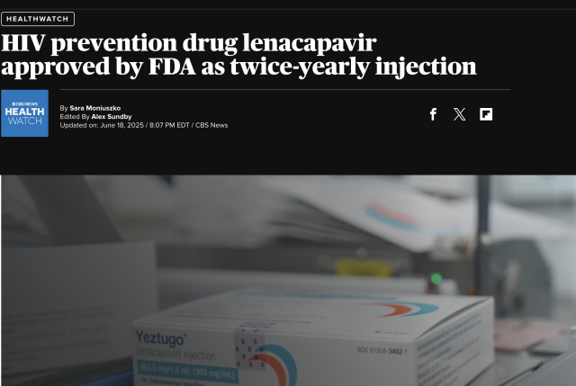 美国批准全球首款长效HIV预防注射剂 每年仅需注射两次