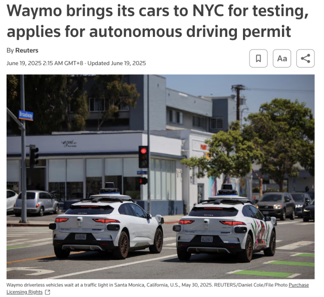 无人驾驶来了！Waymo出租车即将登陆纽约 在曼哈顿BK开启测试