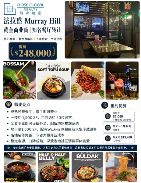 🏮凯业独家，法拉盛 Murray Hill 黄金商业街｜知名餐厅生意出售