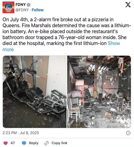 “瞬间被火吞噬”！法拉盛餐厅锂电池爆炸，76岁华裔老太被困卫生间身亡