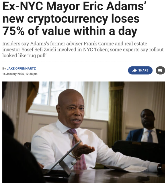 捞钱法宝还是政治冒险？ 揭秘前纽约市长埃里克·亚当斯“NYC Token”加密代币闪崩内幕
